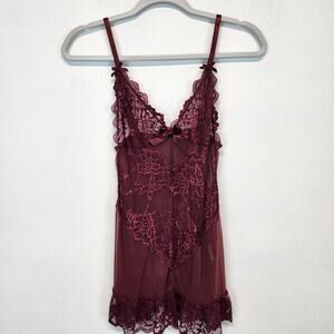 Oh la Cheri Babydoll Chemise Size M Unlined Lace Mesh Wireless Bow Deep Purple